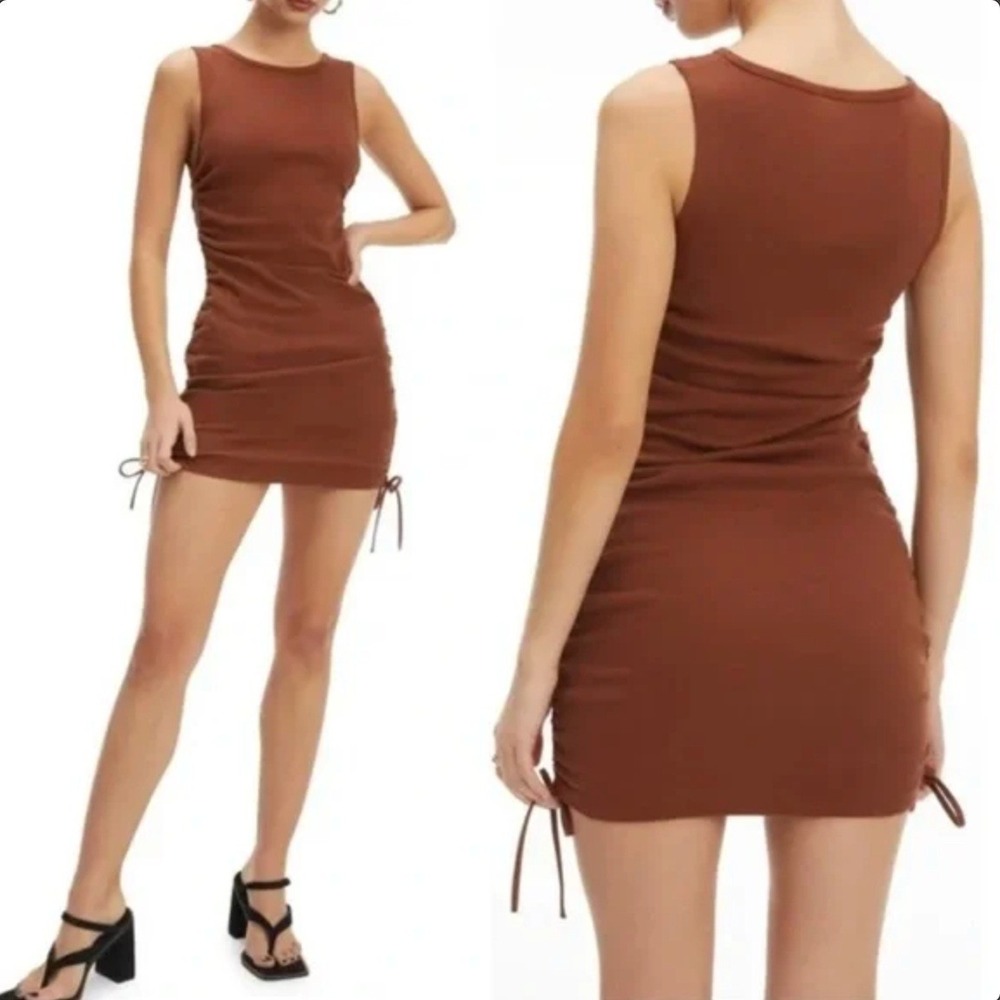 Good American Ruched Tank Dress in Tortoise‎ Shell Brown Size 3 Large